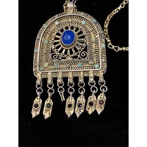 Vtg Yemenite Israel Jerusalem Filigree Gate of Zion Arch Blue Ruby Necklace Pin